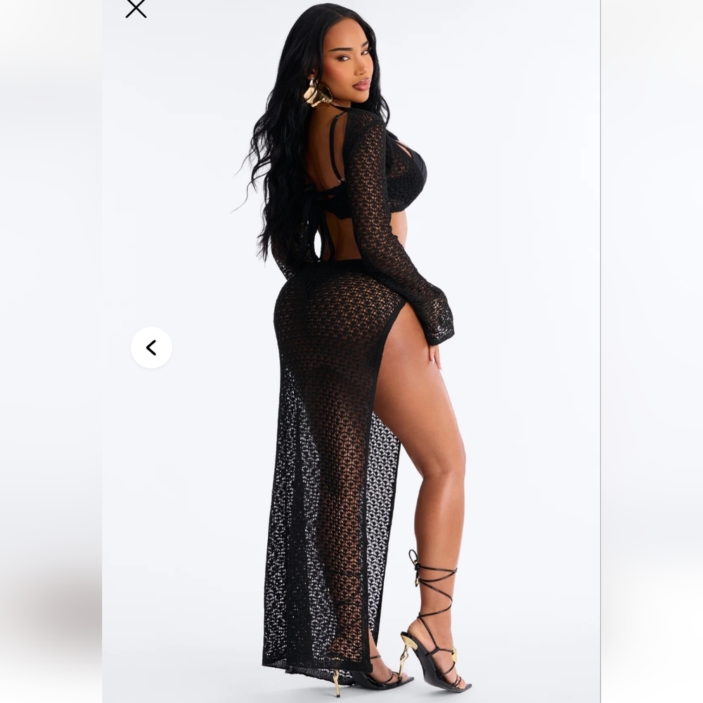 2 piece Black Crochet Maxi Swim Cover-Up with Long Sleeves skirt and top set